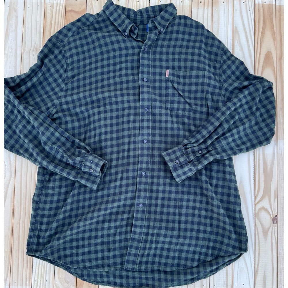 Chaps Flannel Shirt Mens 2XL Dark Green Black Plaid Long Sleeve Pocket Logo
